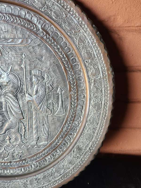HUGE ANTIQUE COPPER AND SILVER PERSIAN WALL HANGING PLATE
