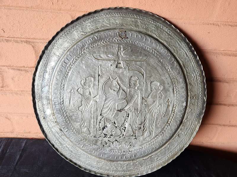 HUGE ANTIQUE COPPER AND SILVER PERSIAN WALL HANGING PLATE