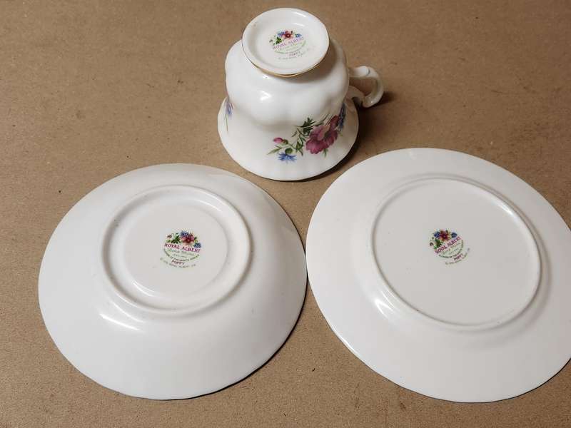 Vintage Royal Albert Bone China Poppy Flower of the Month August Tea Trio