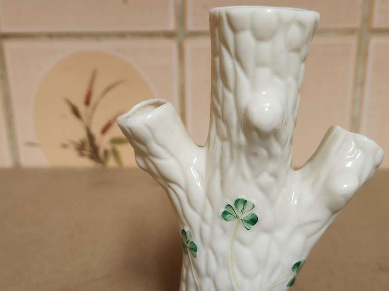 BELLEEK SHAMROCK TREE TRUNK PORCELAIN VASE, MADE IN IRELAND