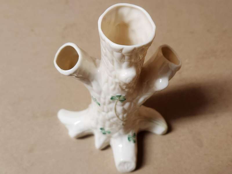 BELLEEK SHAMROCK TREE TRUNK PORCELAIN VASE, MADE IN IRELAND