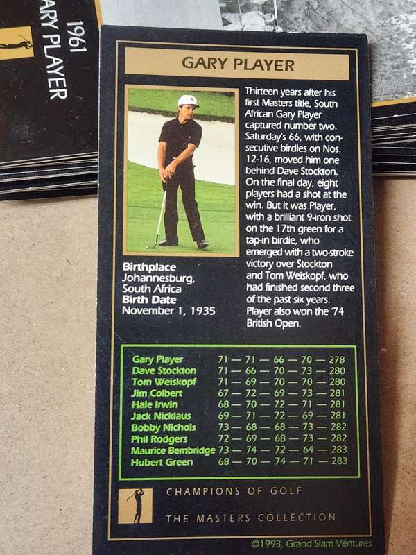 CHAMPIONS OF GOLF MASTERS COLLECTION SET OF CARDS
