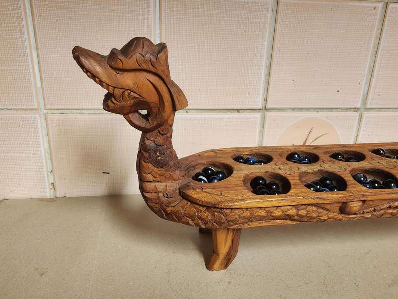 Vintage Hand Carved Wooden Dragon Mancala Board Game