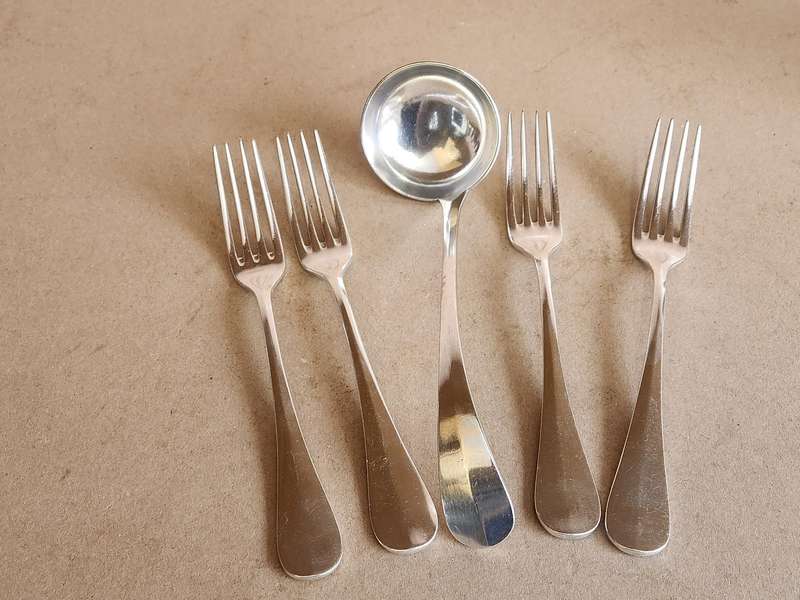VINTAGE CHRISTOFLE FRANCE SILVER PLATED  LADDLE AND FOUR FORKS