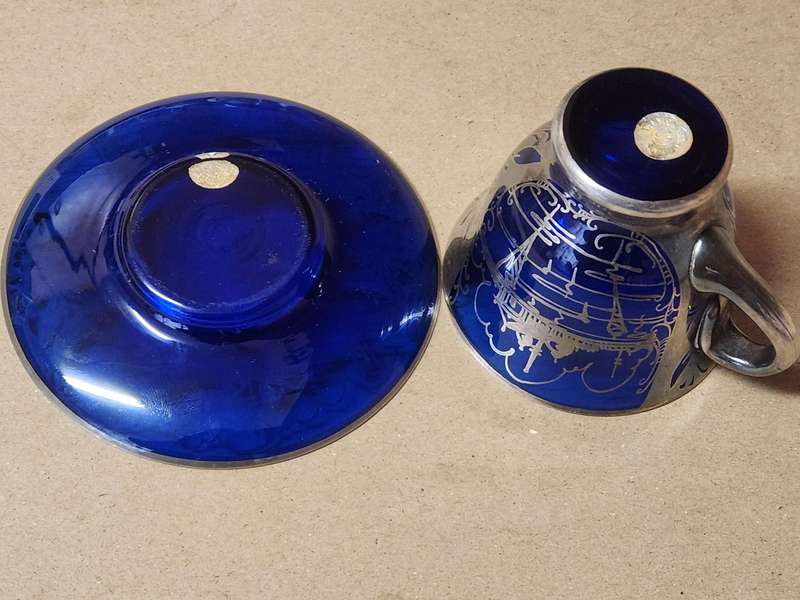 ART DECO VENETIAN COBALT GLASS SILVER OVERLAY DEMITASSE CUP AND SAUCER