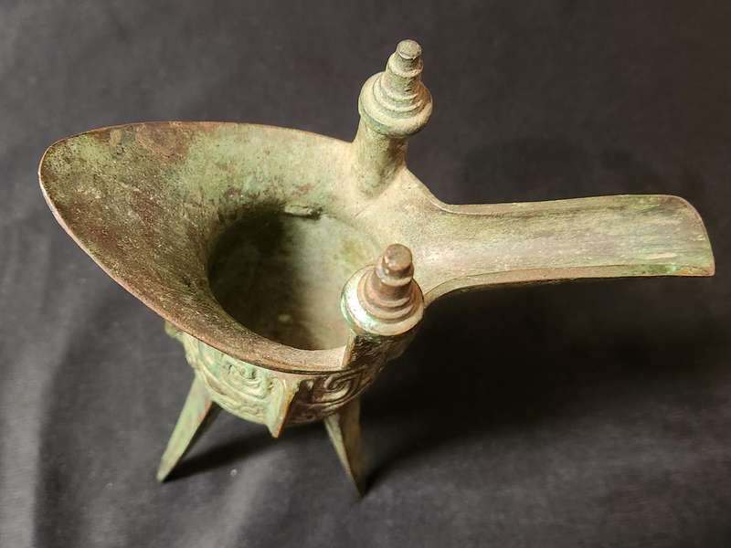 Antique Chinese Bronze Jue Tripod Wine Vessel