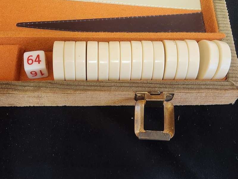 BACKGAMMON SET IN A CORDUROY BOUND CASE WITH FELT LINING