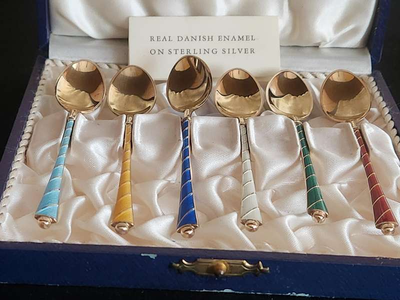 DANISH GILT STERLING SILVER AND ENAMEL COFFEE SPOON SET