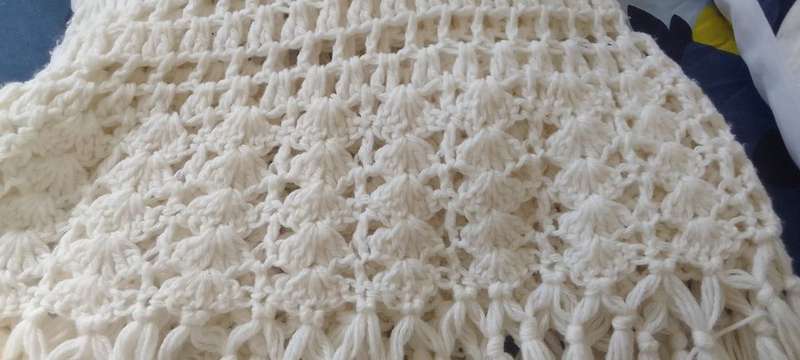 Vintage Beige/Cream Crochet Shawl With Tassels