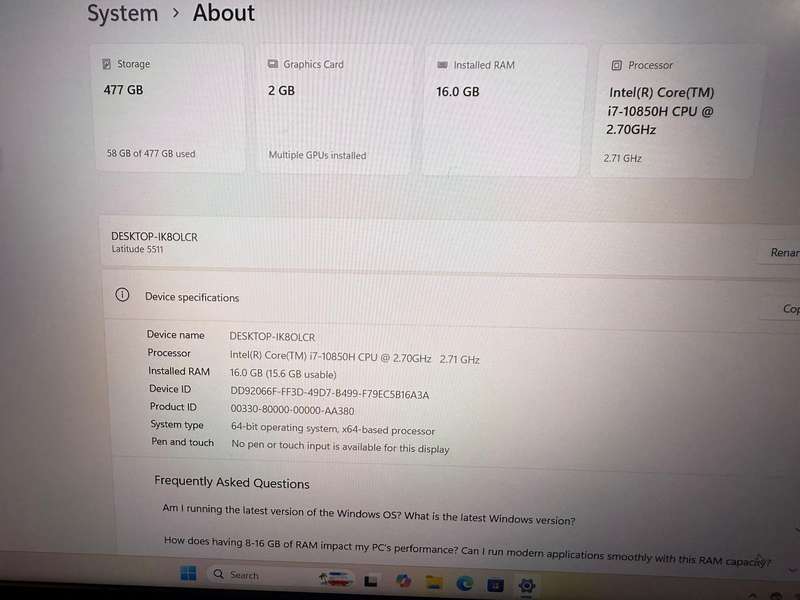 Dell latitude 5511 Core i7 10th gen 16gb ram 512gb ssd Nvidia Geforce Mx 250 lte