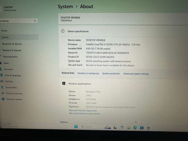 Lenovo E15, 10th Gen i5-10210U@1.6GHz, 8GB RAM, 256GB SSD, 15` FHD Display.