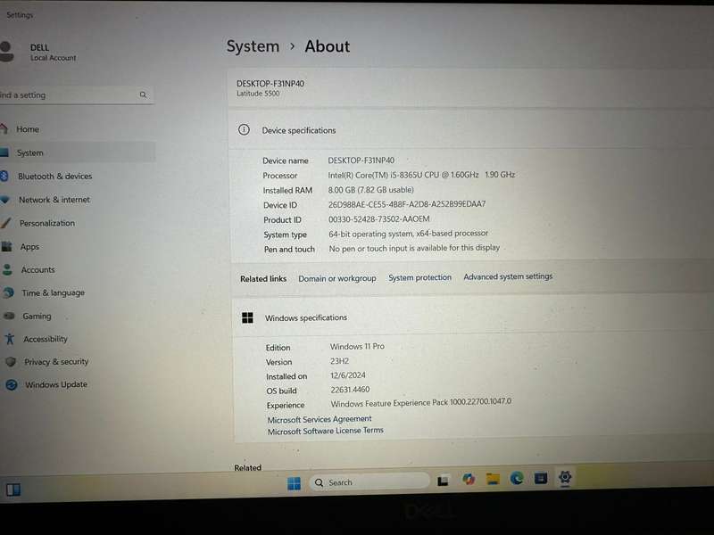 Dell Latitude 5500, 8th Gen i5-8365U@1.6GHz, 8GB RAM, 256GB SSD, 15` FHD Display, Win 11