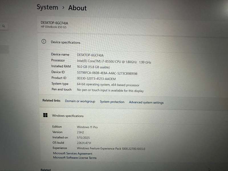 HP EliteBook 850 G5,LTE  8th Gen i7-8550U@1.8GHz, 16GB RAM 256gb SSD, FHD Display