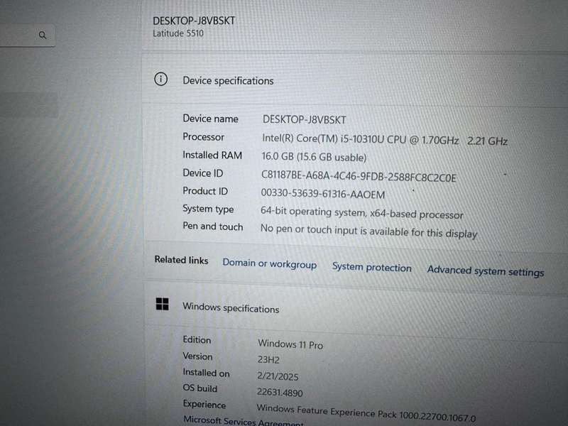 Dell Latitude 5510, 10th Gen Intel i5-10210U@1.6GHz, 16Gb Ram, 256GB Nvme Ssd 15.6` Fhd Display