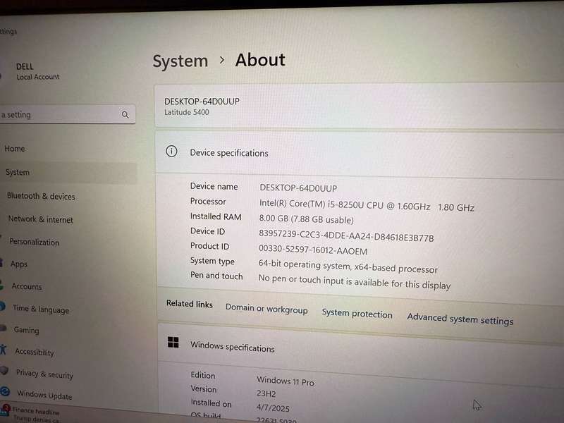 Dell Latitude 5400, 8th GEN I5-8365u@1.6ghz, 8GB RAM, 256gb NVMe SSD, 14` FHD Display, Win11 LTE