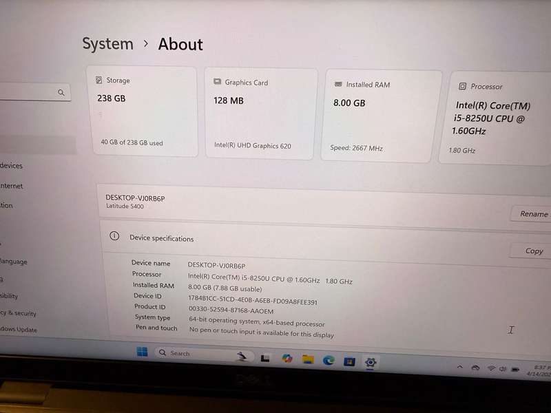 Dell Latitude 5400, 8th GEN I5-8365u@1.6ghz, 8GB RAM, 256gb NVMe SSD, 14` FHD Display, Win11 LTE
