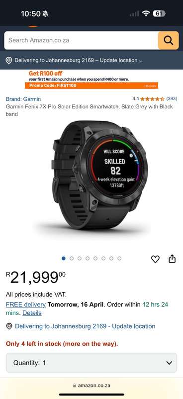 Garmin Fenix 7X Pro Solar Edition Smartwatch, Slate Grey with Black band Mint as New
