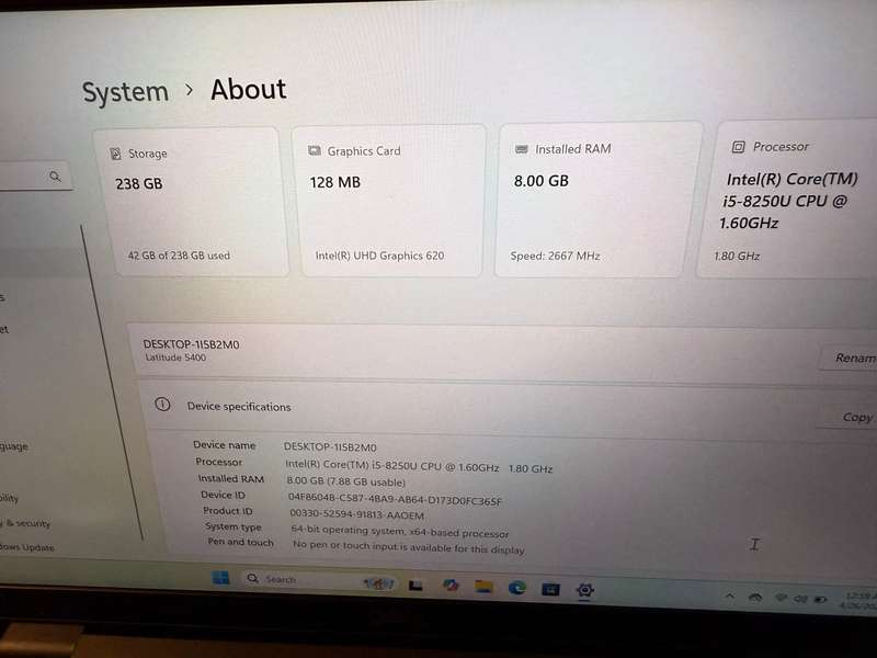 Dell Latitude 5400, 8th GEN I5-8365u@1.6ghz, 8GB RAM, 256gb NVMe SSD, 14` FHD Display, Win11 LTE