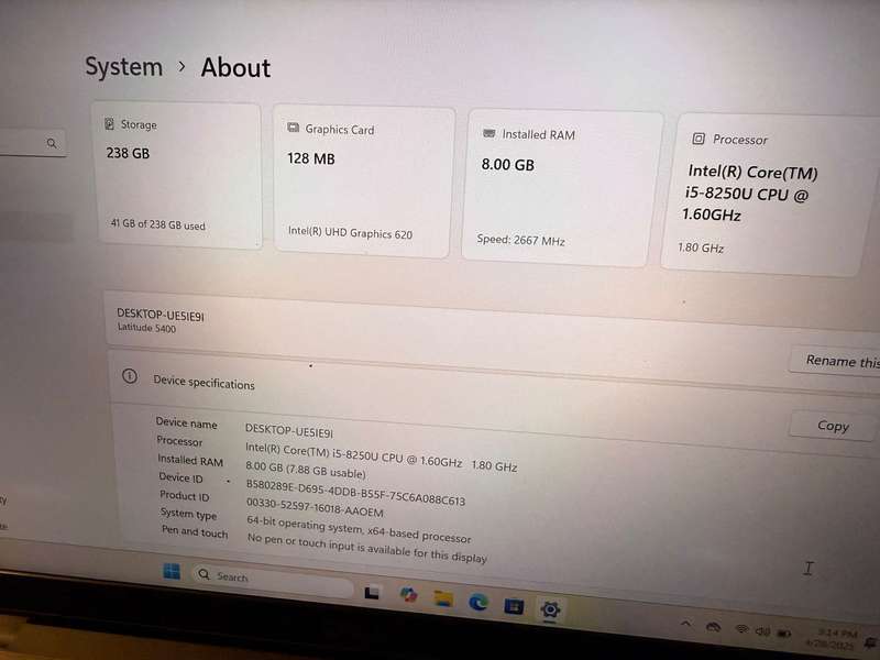 Dell Latitude 5400, 8th GEN I5-8365u@1.6ghz, 8GB RAM, 256gb NVMe SSD, 14` FHD Display, Win11 LTE