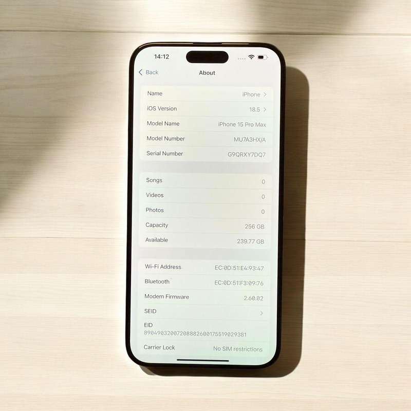Apple iPhone 15 Pro Max 256GB  Dual Sim One physical Sim One e sim 92% batt