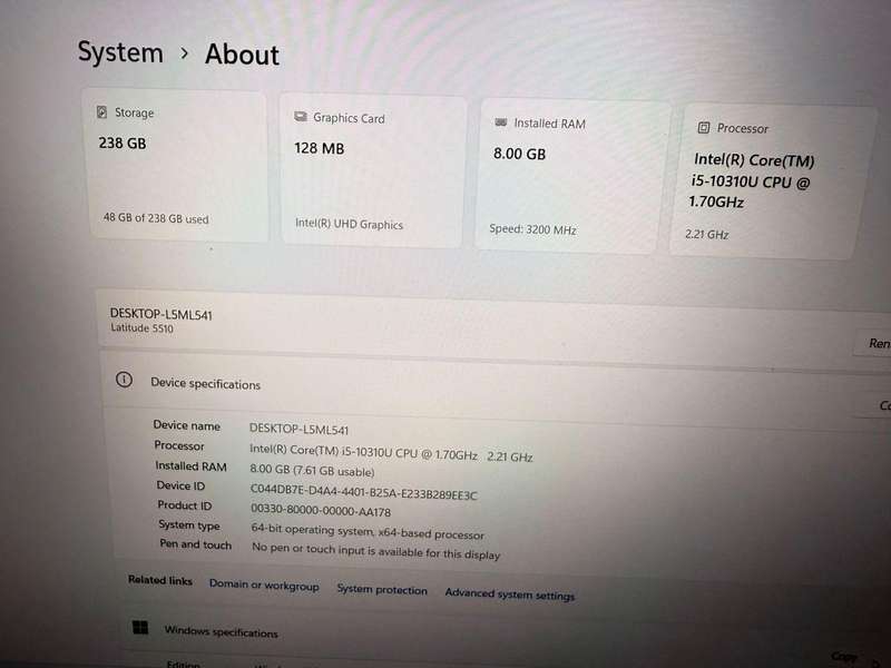 Dell Latitude 5510, 10th Gen Intel i5-10210U@1.6GHz, 8Gb Ram, 256GB Nvme Ssd 15.6`Lte new battery
