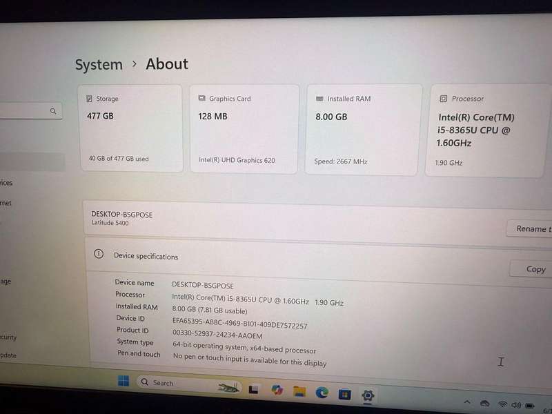 Dell Latitude 5400, 8th GEN I5-8365u@1.6ghz, 8GB RAM, 256gb NVMe SSD, 14` FHD Display, Win11 LTE