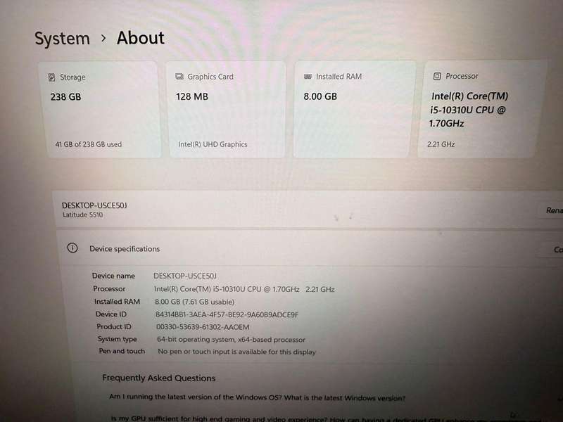 Dell Latitude 5510, 10th Gen Intel i5-10210U@1.6GHz, 8Gb Ram, 256GB Nvme Ssd 15.6`Lte
