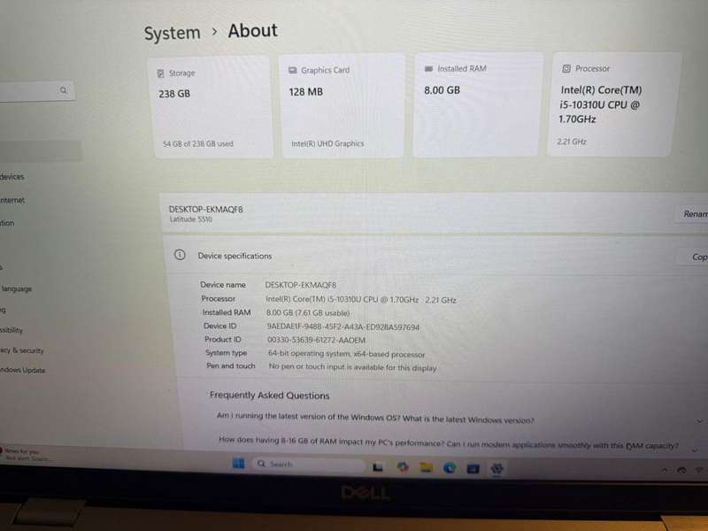 Dell Latitude 5510, 10th Gen Intel i5-10210U@1.6GHz, 8Gb Ram, 256GB Nvme Ssd 15.6`Lte