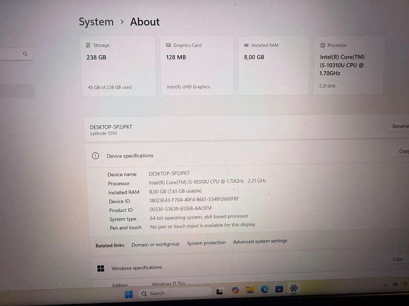 Dell Latitude 5510, 10th Gen Intel i5-10210U@1.6GHz, 8Gb Ram, 256GB Nvme Ssd 15.6`Lte