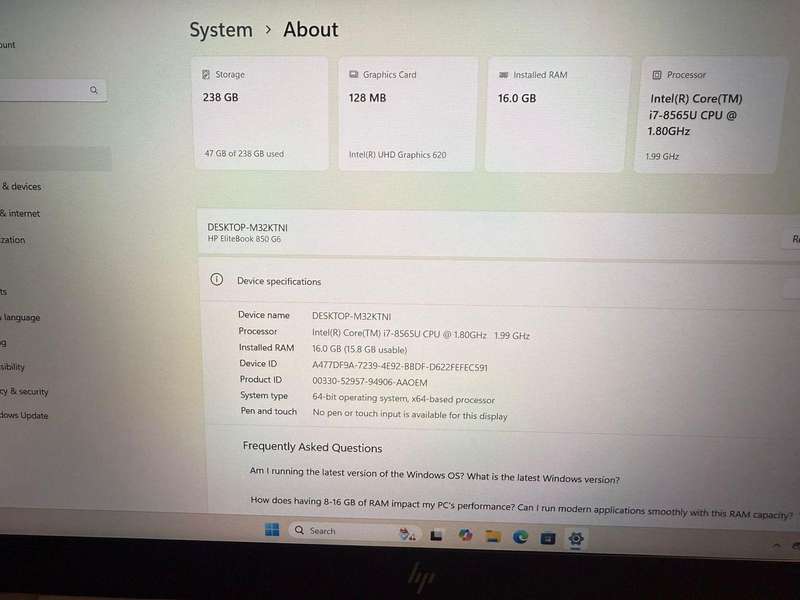 Hp Elitebook  850 G6 Core i7 8th gen 16gb ram 256gb ssd lte mint