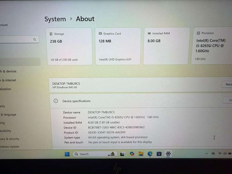 HP EliteBook 840 G6  8th Gen i5-8265U@1.8GHz, 8GB RAM, 256GB SSD FHD Display LTE