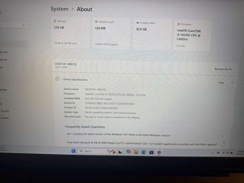Dell Vostro 5590 i5 10th gen 16gb ram 256gb ssd