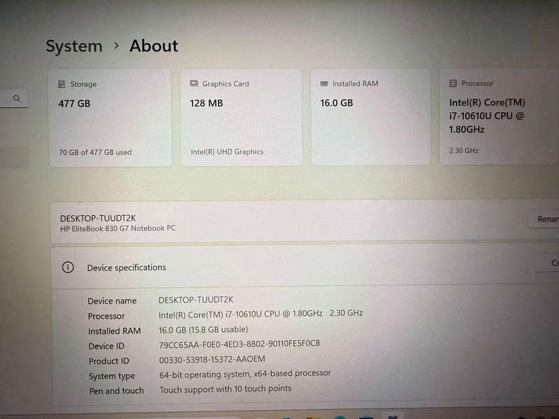 HP EliteBook 830 G7 Touchscreen Core i7 10th gen  13.3" FHD 16 gb ram 512gb ssd  Backlit Keyboard