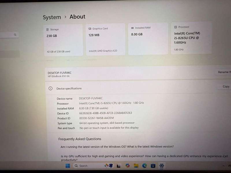 Hp Elitebook 850 G6  Core i5 8th gen Lte  15.6 inch  8GB Ram 256GB Ssd mint