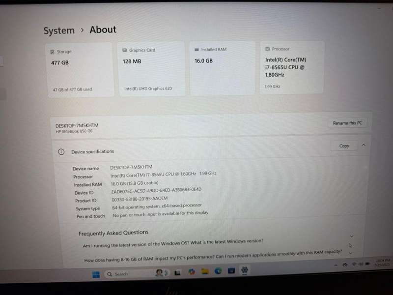 Hp Elitebook  850 G6 Core i7 8th gen 16gb ram 512gb ssd lte