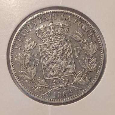 1869 Belgium 5 Francs  Silver Crown