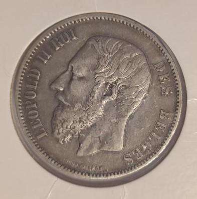 1869 Belgium 5 Francs  Silver Crown