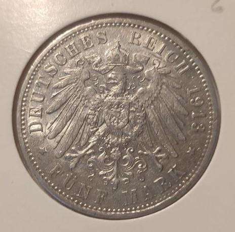 1913 German states Prussia 5 Mark  Silver Crown