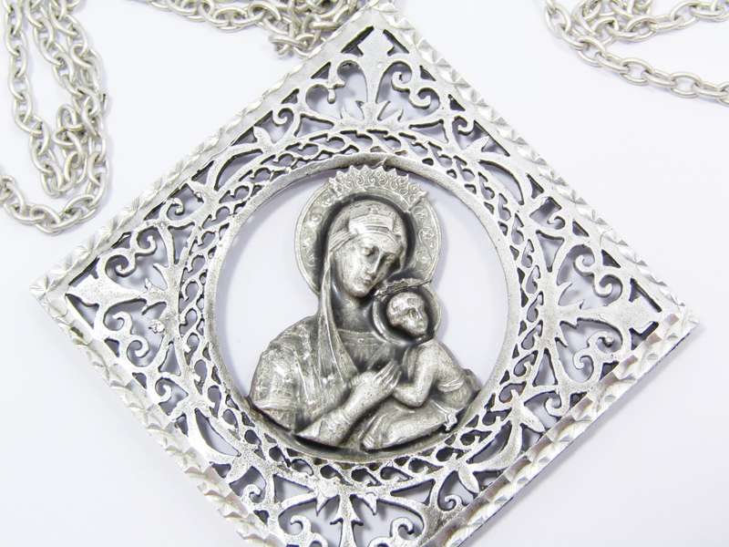 A Gorgeous Huge Madonna And Child Pendant With a Gorgeous Filigree Frame On Chain in Sterling Silver