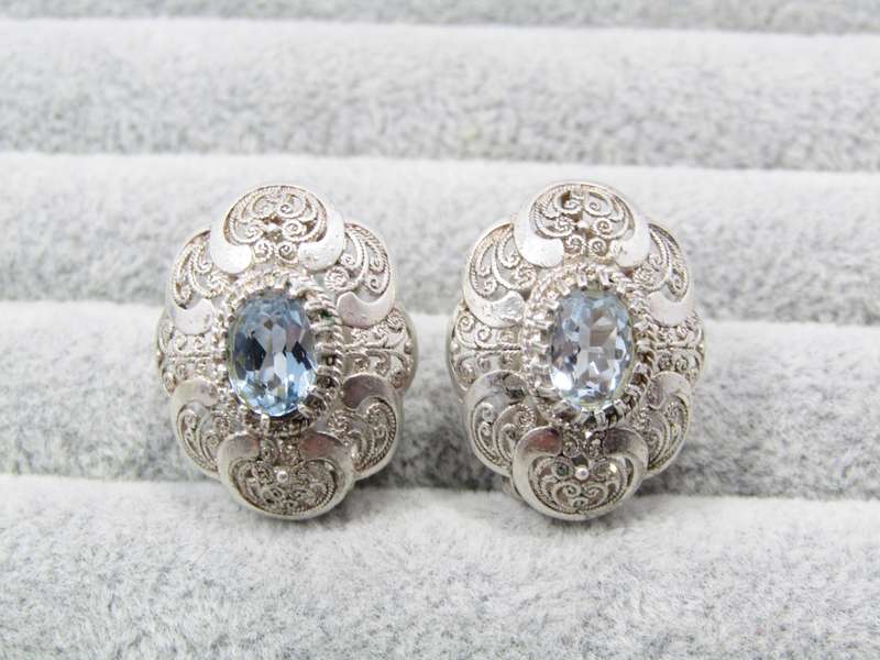 A Gorgeous Pair of Vintage Design Blue Paste Stones Clip on Earrings in 800 Silver.