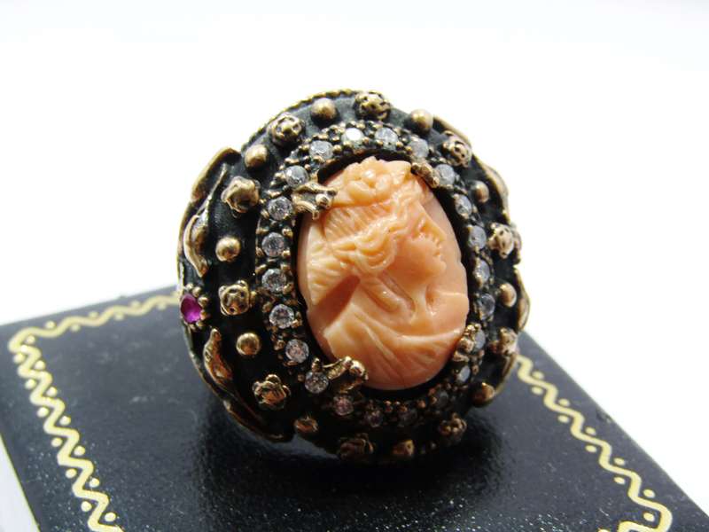 Beautiful! Carved Coral Cameo with Bronze and Silver Detail Ring
