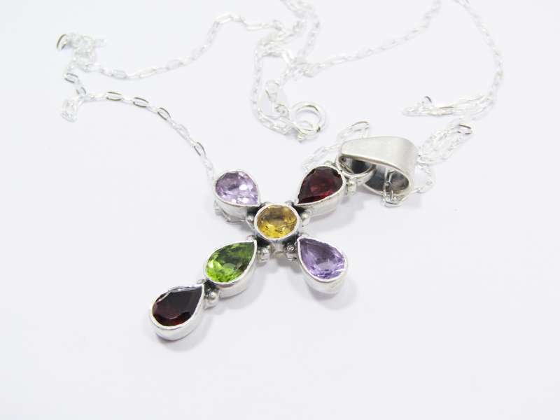 A Lovely Gemstone Cross On Chain in Sterling Silver.