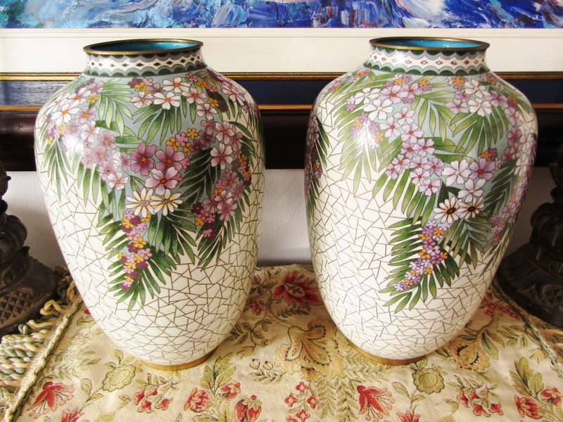 Exquisite! Pair of Beautiful Mosaic Design Large Cloisonne Vases