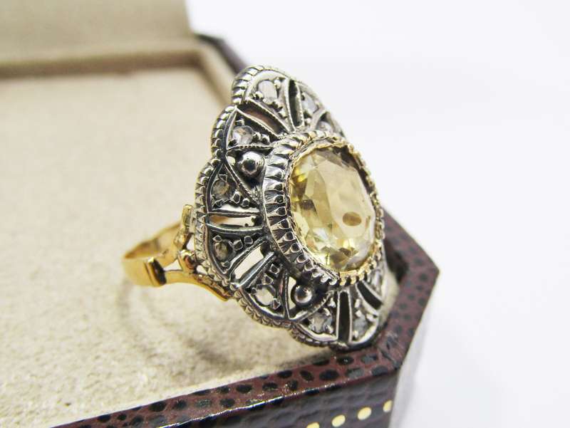 Beautiful! Antique 18CT Gold, Silver, Citrine & Diamond Ring