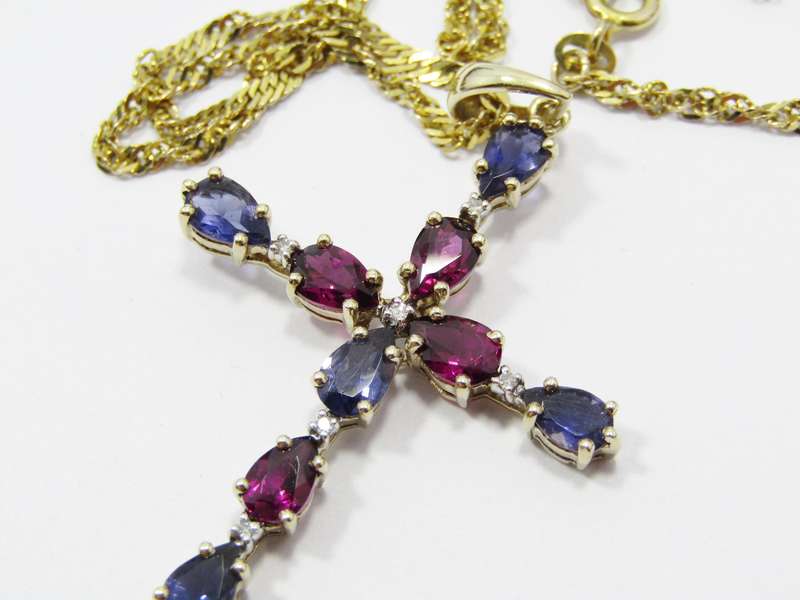Stunning! 9CT Yellow Gold, Iolite & Garnet Cross Necklace
