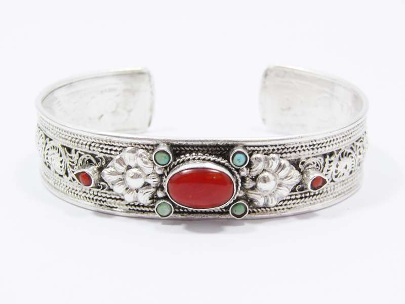 A Gorgeous Textured Cuff with Coral and Turquois Stones in Sterling Silver
