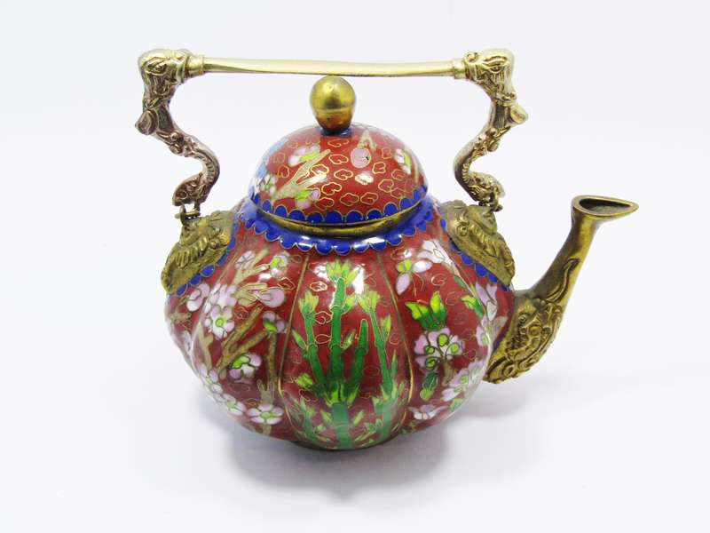 Rare Find! Beautiful Cloisonne Small Brass Teapot
