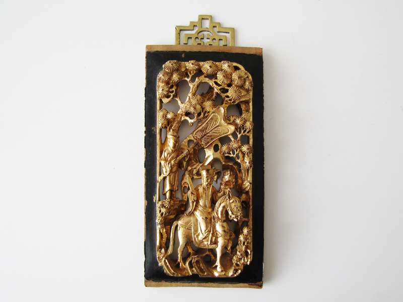 Antique Oriental Wooden Carved Panel with Gilt Details