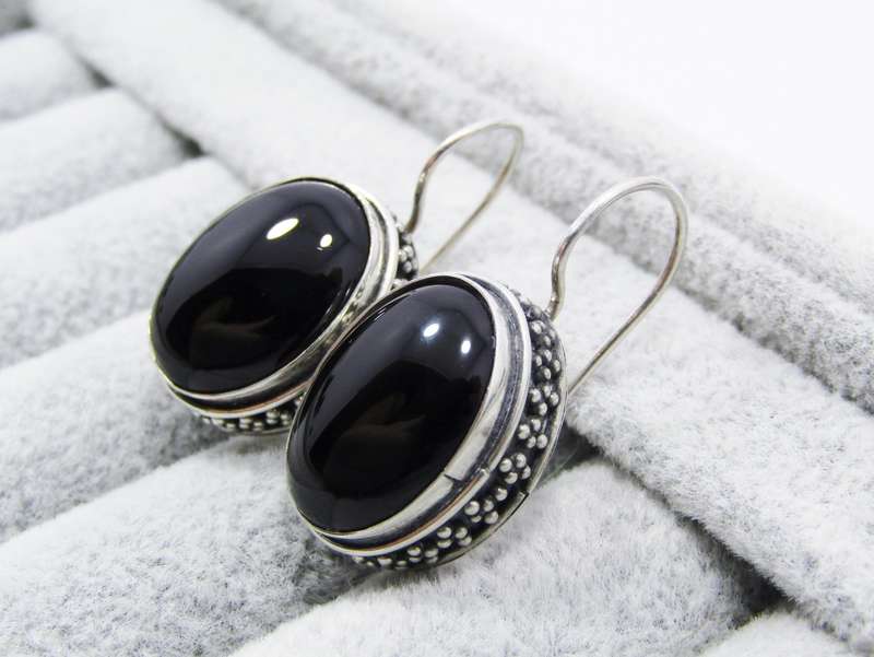 A Gorgeous Pair of Oval Black Stone Earrings in Sterling Silver