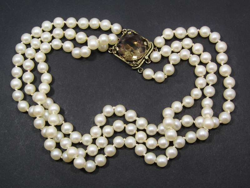 Beautiful! Vintage Smoky Quartz & Silver Necklace with Faux Pearls